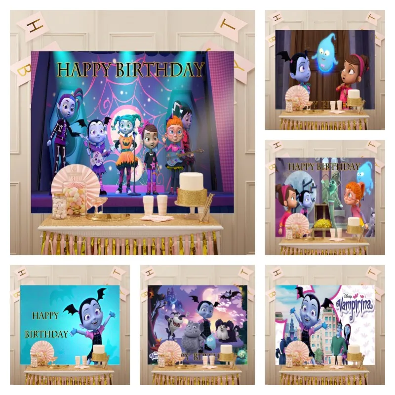 Disney Cartoon Cute Girls Background Vampire Vampirina Happy Birthday Banner Personalized Party Backdrop Decoration Photography