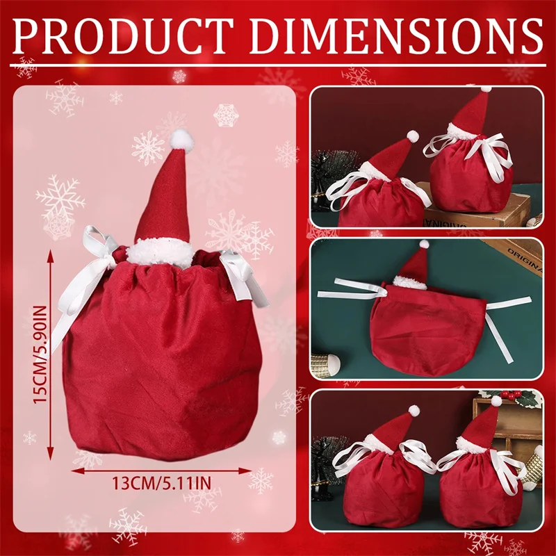 Bolsa de regalo de Navidad, sombreros de Papá Noel de terciopelo rojo, bolsas con cordón, embalaje de regalo para galletas y dulces, bolsas de almacenamiento de joyería