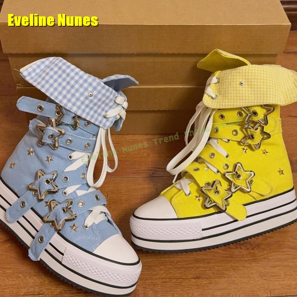 Metal Star Buckle Canvas Boots Round Toe Thick Sole Height Increase Lace Up Patchwork Slouch Boots 2025 Spring Summer New Style