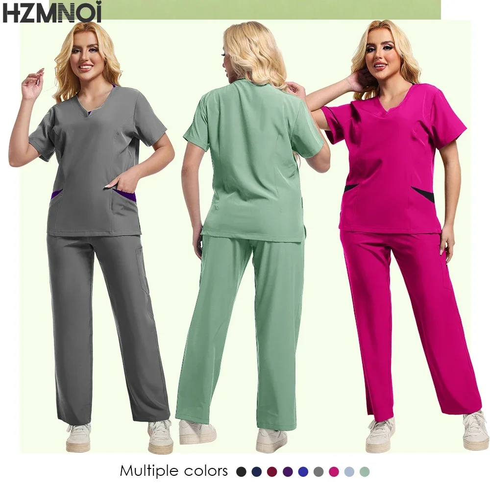 Surgical Set Women Pet Hospital Scrub Uniforms Suits Unisex Solid Color Surgical Gown Pocket V-neck Jogger Suits Wholesale Price