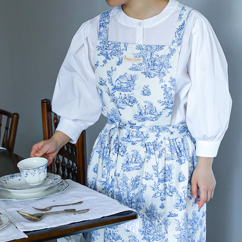 Summer Long Cotton Pleated Women's Kitchen Apron with Pockets Retro Printed Cross-back Ruffled Apron for Beauty Salon Manicurist