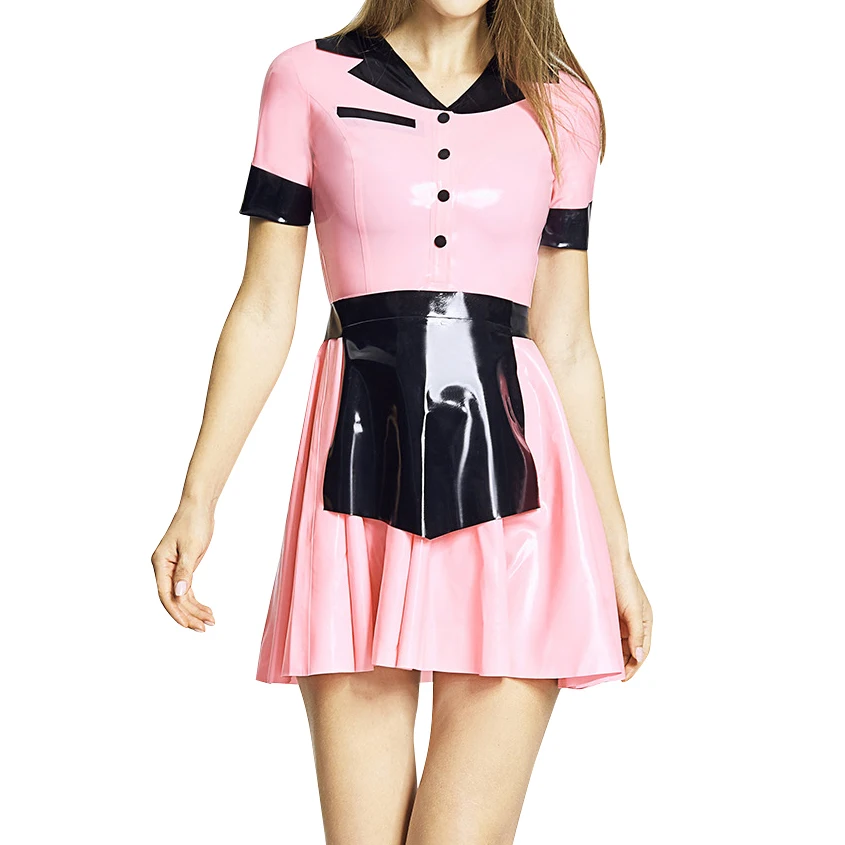 Baby Pink And Black Sexy French Maid Latex Uniform With Buttons Front Trims Apron Rubber Dresses Outfits LYQ-0292