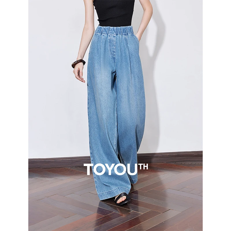 TOYOUTH Women Denim Jeans 2025 Spring New Elastic Waist Washed Wide Leg Straight Long Pants