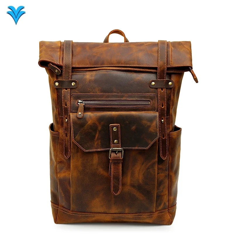 

2025 Vintage Crazy Horse Leather Back Pack Cowhide Bag Rolltop Outdoor Travel Laptop Genuine Leather Backpack Bag for Men