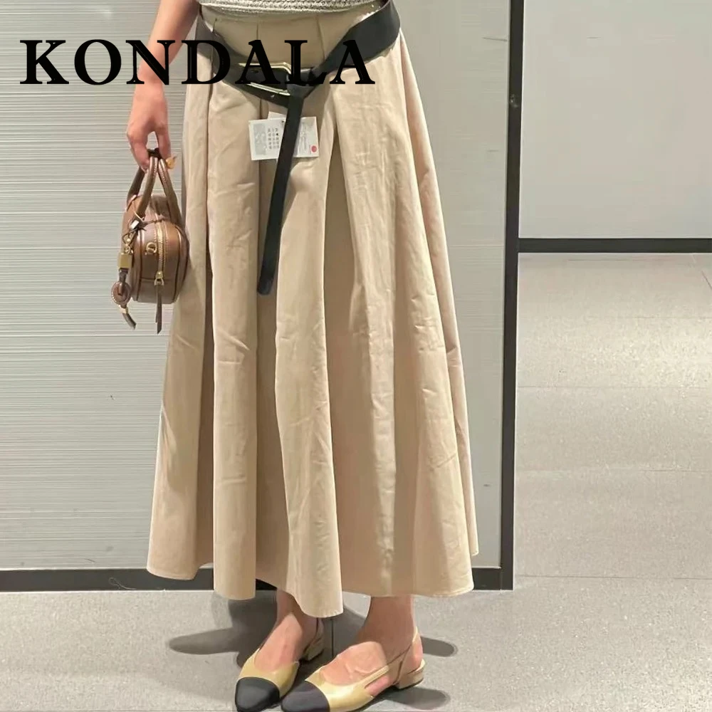 KONDALA Vintage Khaki Belt 2025 Streetwear Chic Woman Long Skirt Sashes Zipper Fashion A-Line Skirt Draped Female Long Skirt
