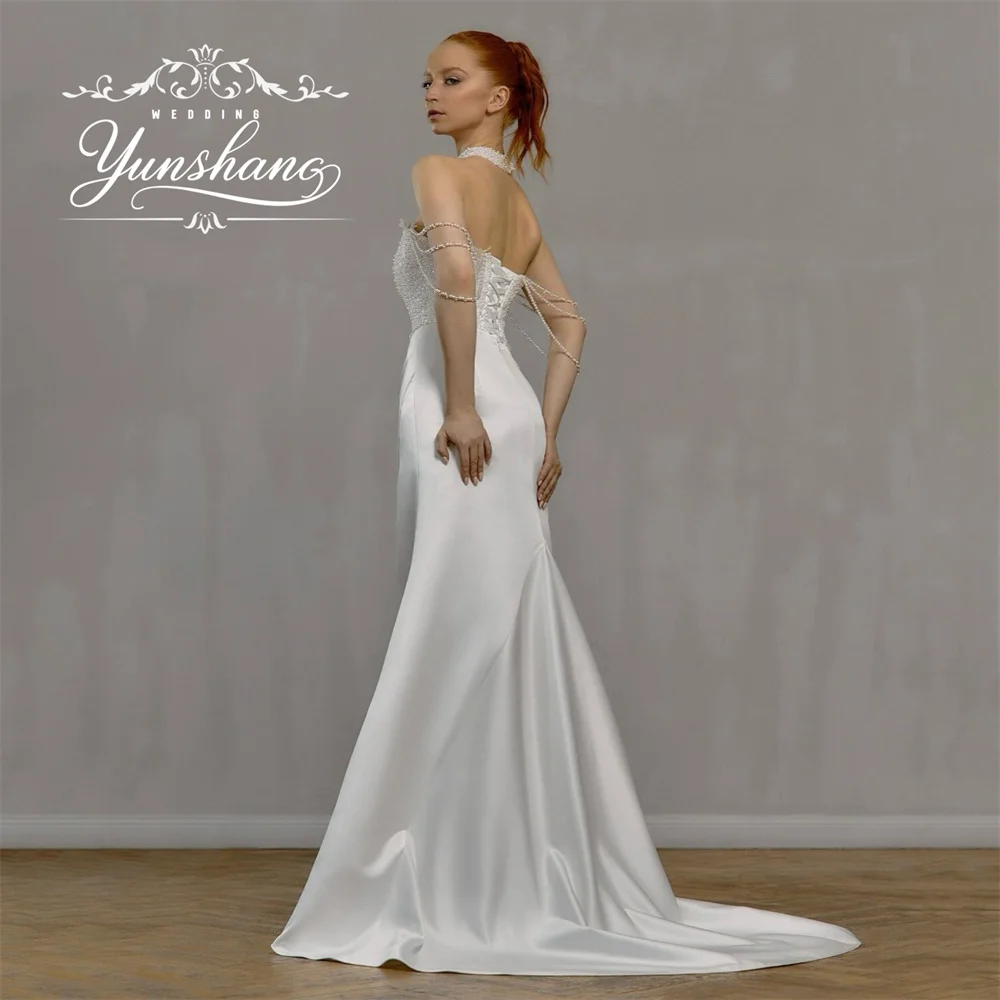 YunShang Customized Ruffles Backless Mermaid Wedding Dress Sweep Train Pearls Beading Stain High Split Off Shoudler 2025 Luxury