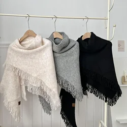 Wool Blended Large Fringed Shawl Faux Cashmere Knitted Triangle Scarf Solid Color Warm Cloak Neck Protection Scarf