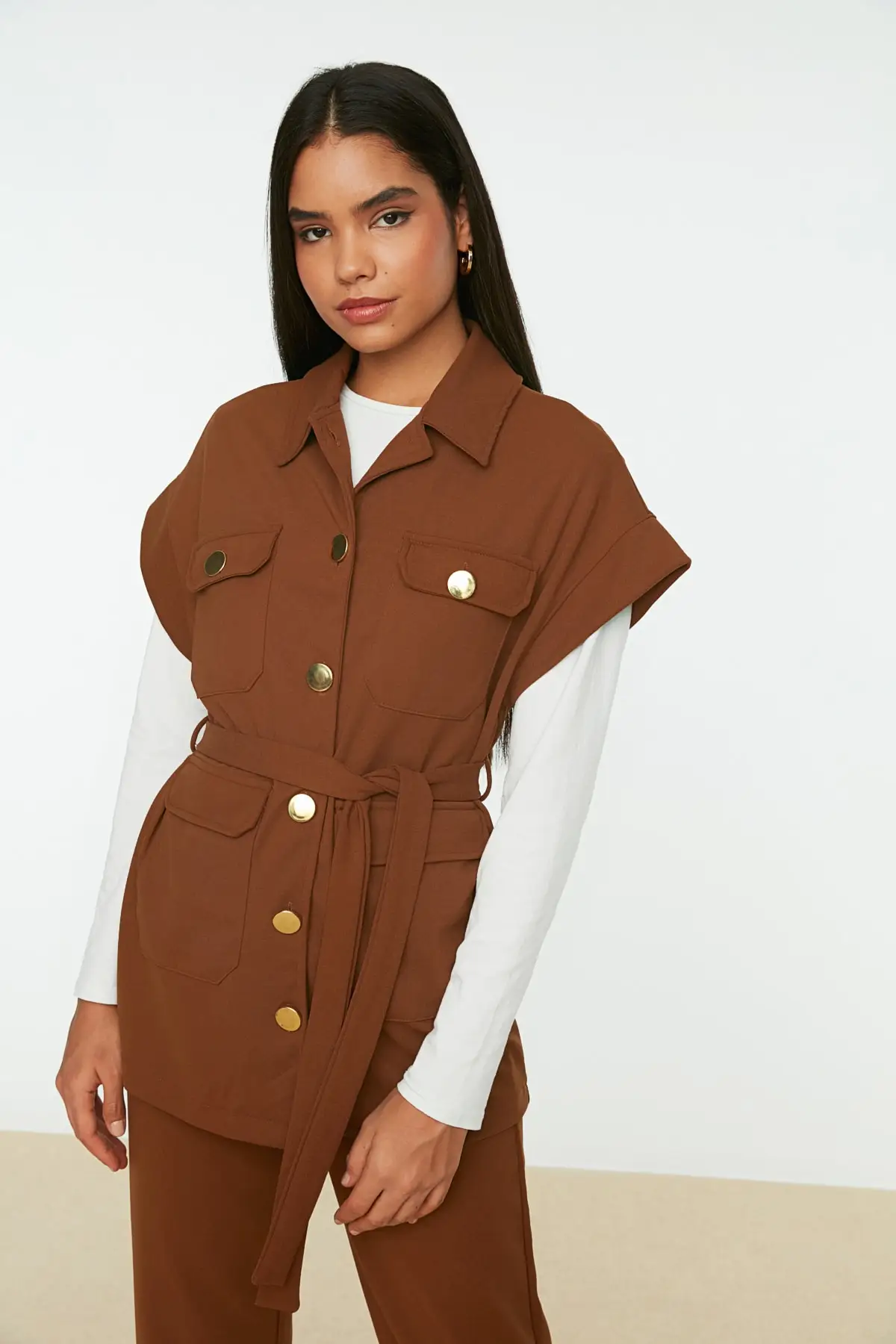 Celana Panjang Rompi Kancing Emas Camel Setelan Bawahan