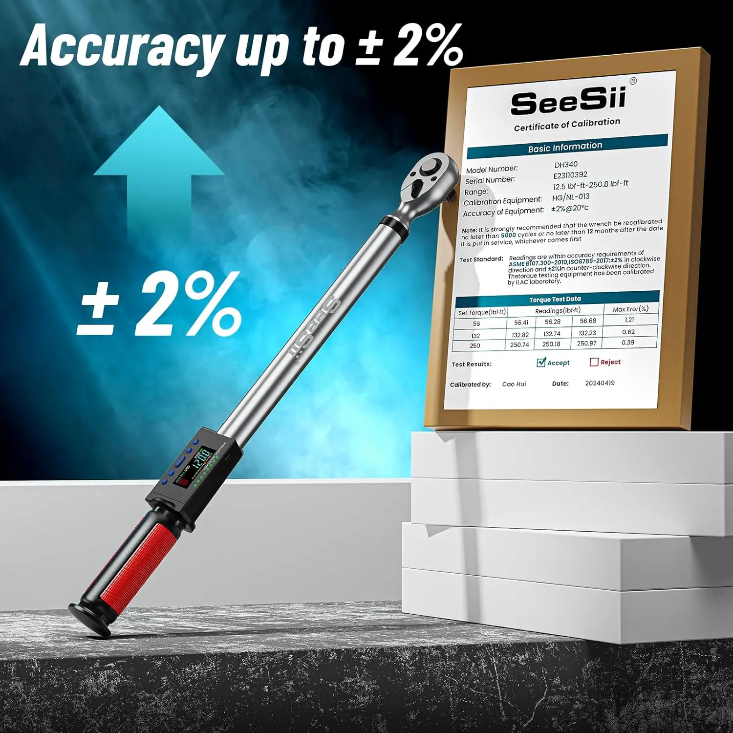 Llave dinamométrica digital Seesii, unidad de 1/2 ", 340N.m, 2% de precisión de torsión, llave dinamométrica eléctrica con 3 modos ajustables para el cuidado del automóvil