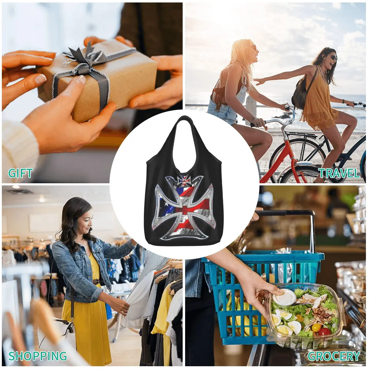 West Coast Iron Cross Choppers Portable Tote Shopping Bags Reusable Shopper Bag Groceries Handbag Shoulder Bag