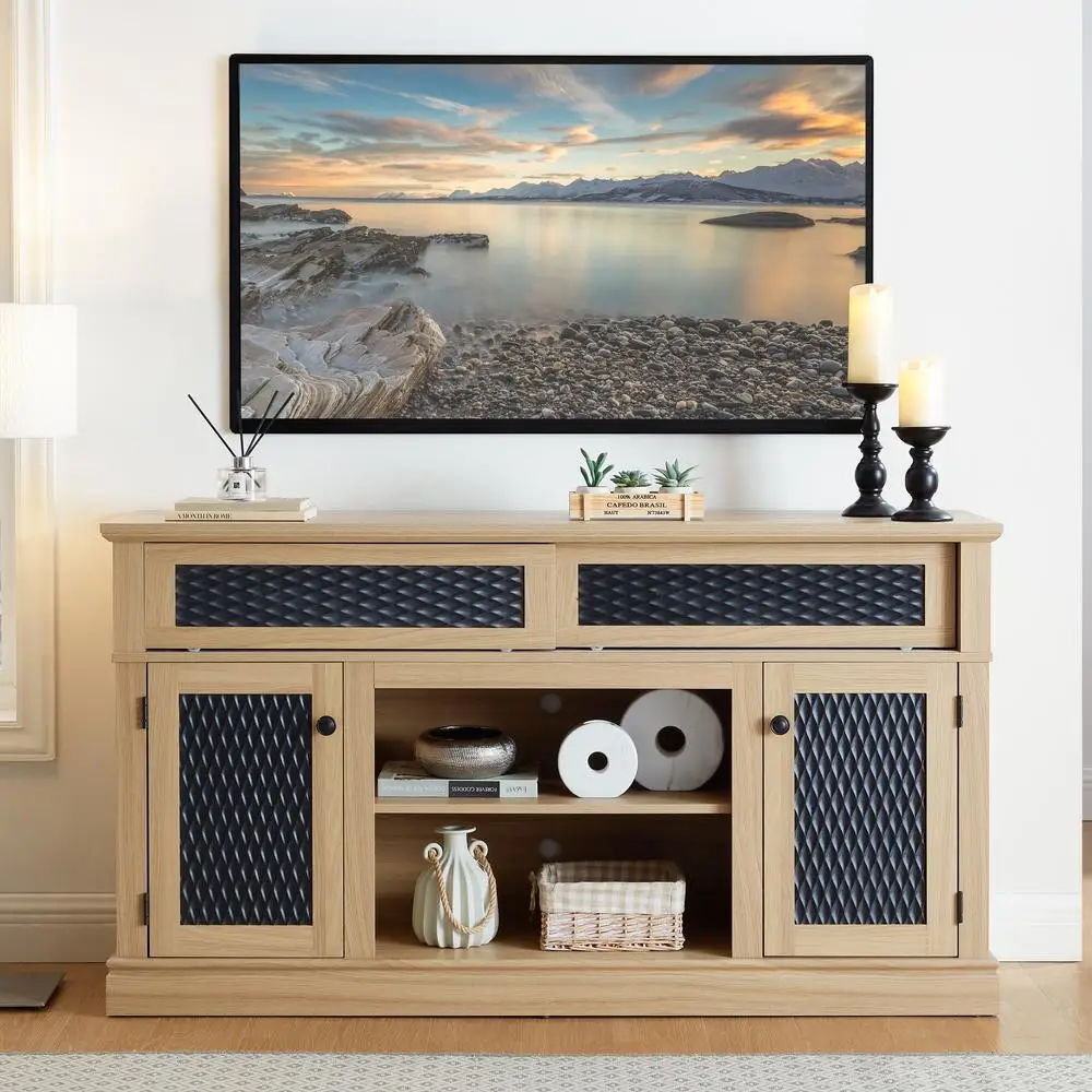 

Подставка для телевизора с тиснением, 58-дюймовая медиаконсоль с раздвижной дверью, открытое закрытое хранилище для гостиной, спальни, светлый дуб