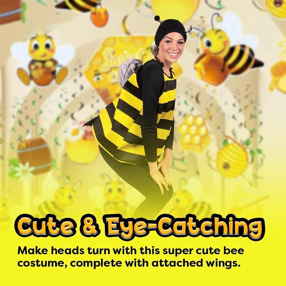 Halloween Bee Cosplay Costume for Adult Wings Hat Antennae Knee high Sock Hair Hoop Funny Animal Family Party Performance Outfit