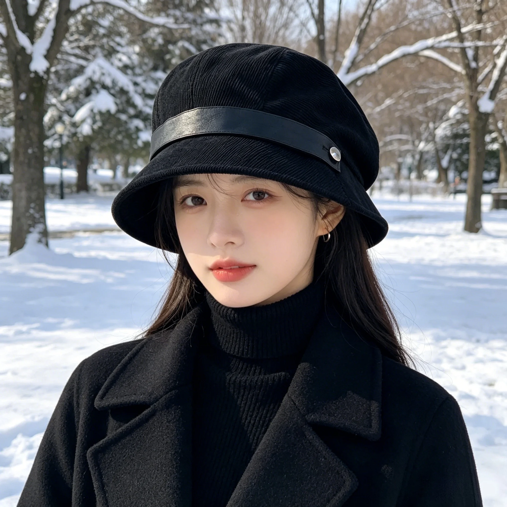Women's Autumn and Winter Corduroy Beret-Style Bucket Hat, Vertical Striped Corduroy Fabric, Leather Strap with Round Metal Snap, Vintage Bucket Hat, Warm and Versatile, Suitable for Pairing with Sweaters and Coats, for Commuting, Walking, and Street Photography