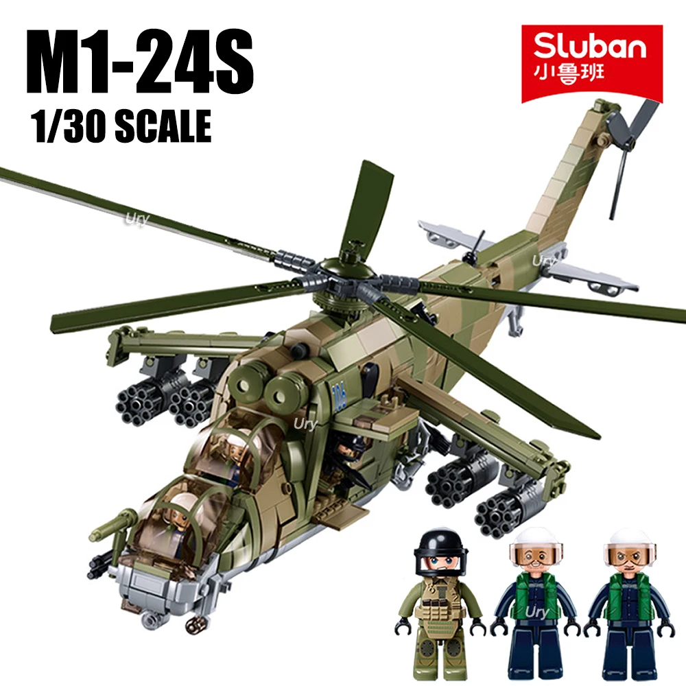 

2023 Sluban Military WW2 Army Combat Helicopters Air Weapon M1-24S KA-52S Model Soldiers Building Blocks Toys for Boys Gifts