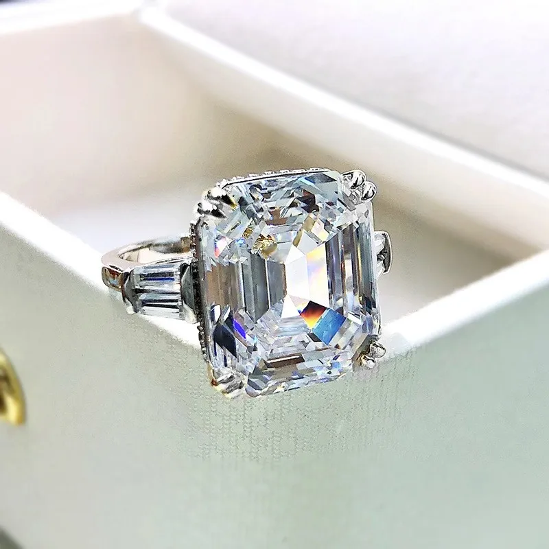 Real 925 Sterling Silver Topaz Gemstone Wedding Rings For Women Big 6ct Emerald cut Simulated Diamond Ring Finger Jewelry