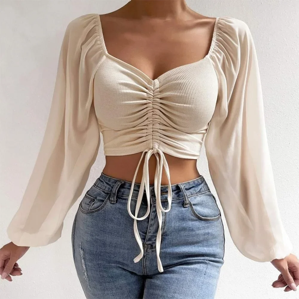 Women\'s Sexy Tops Puff Sleeve Close-Fitting Drawstring Comfortable V-neck Hot Party Breathable Elastic Tee Shirts Fashion 2024