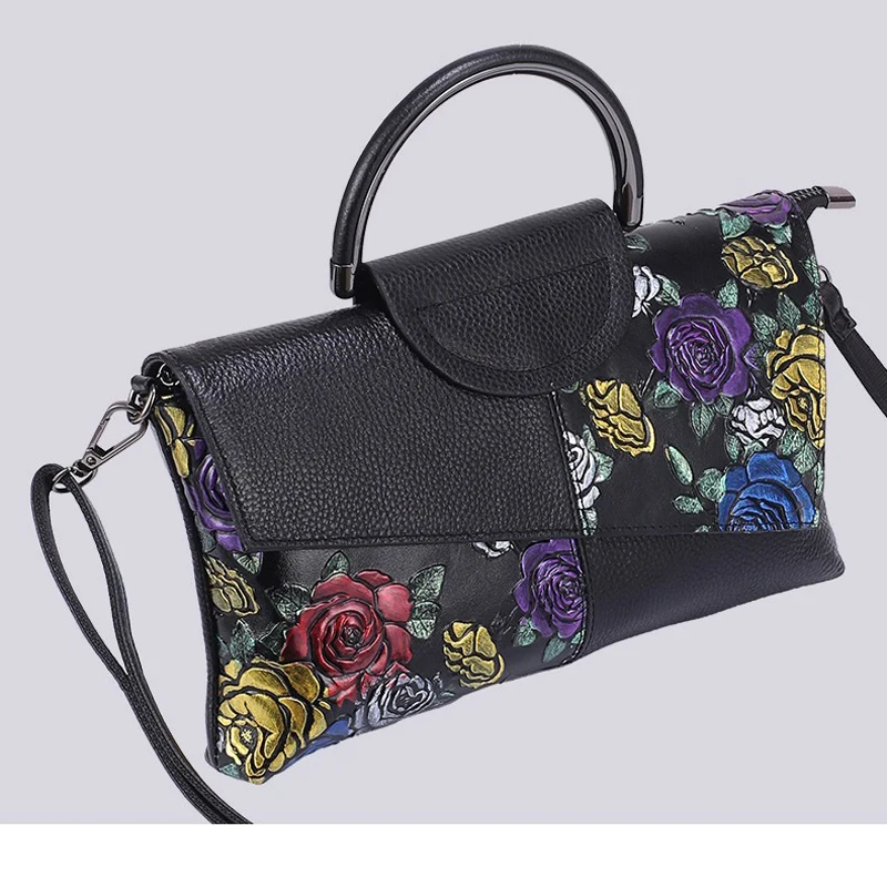 Floral Pattern Women Cow Leather Clutch Bag Patchwork Genuine Leather Tote Handbag Ladies Cowhide Shoulder or Crossbody Bags