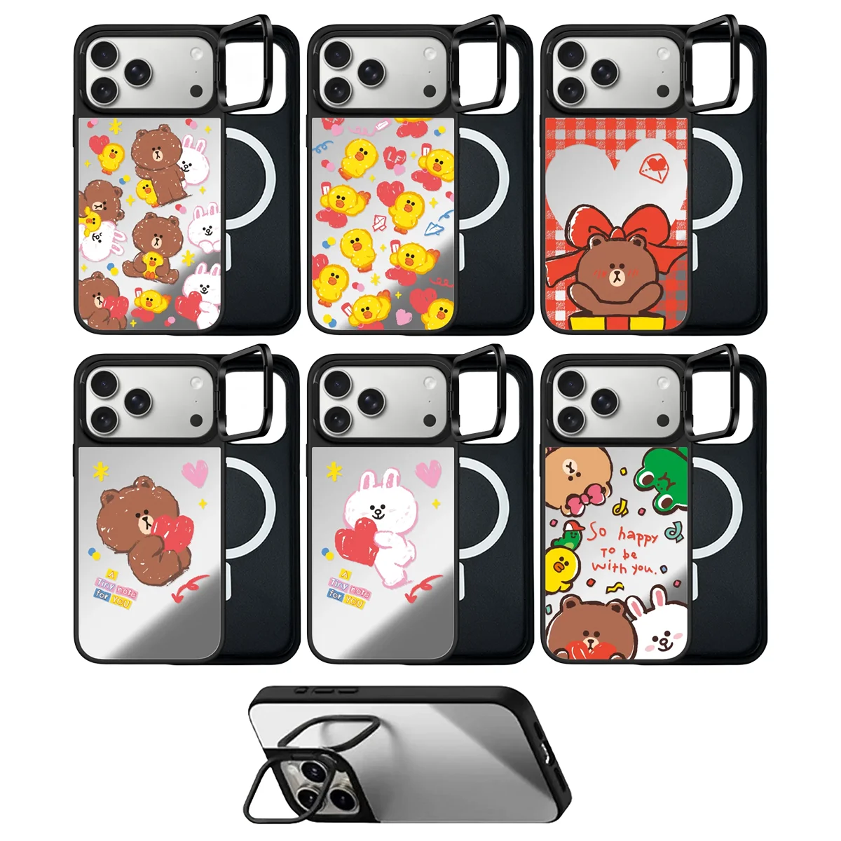 

Bear Duck Rabbit Friend Camera Ring Stand Mirror Surface Phone Cover for IPhone 14 15 16 17 Pro Max Case for IPhone 17Pro