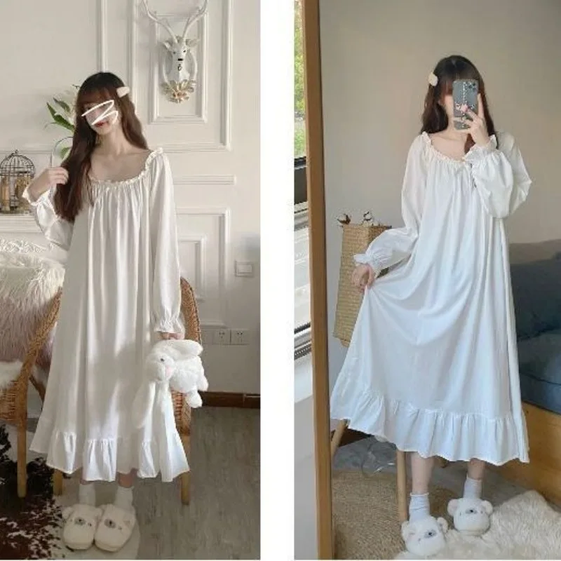 Midi Nightgowns Women Sweet Girls Princess Style Ruffles Loose Long Sleeve A-line Skin Friendly Cozy Female Plus Size 5XL Solid