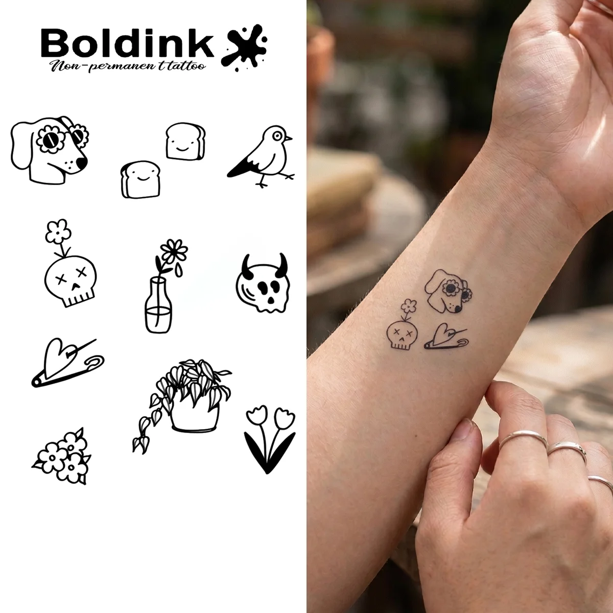 BOLDINK Cute Mini Doodle Tattoo Sticker Unisex Stylish Easy Apply Waterproof Long Lasting 1-2 Week