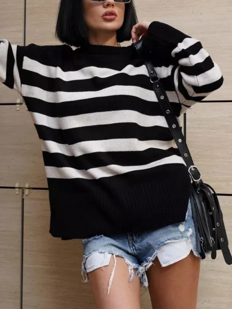 Herfst Winter Nieuwe elegante mode gestreepte trui Top Pullover Ronde hals Middellange losse casual damestrui met lange mouwen