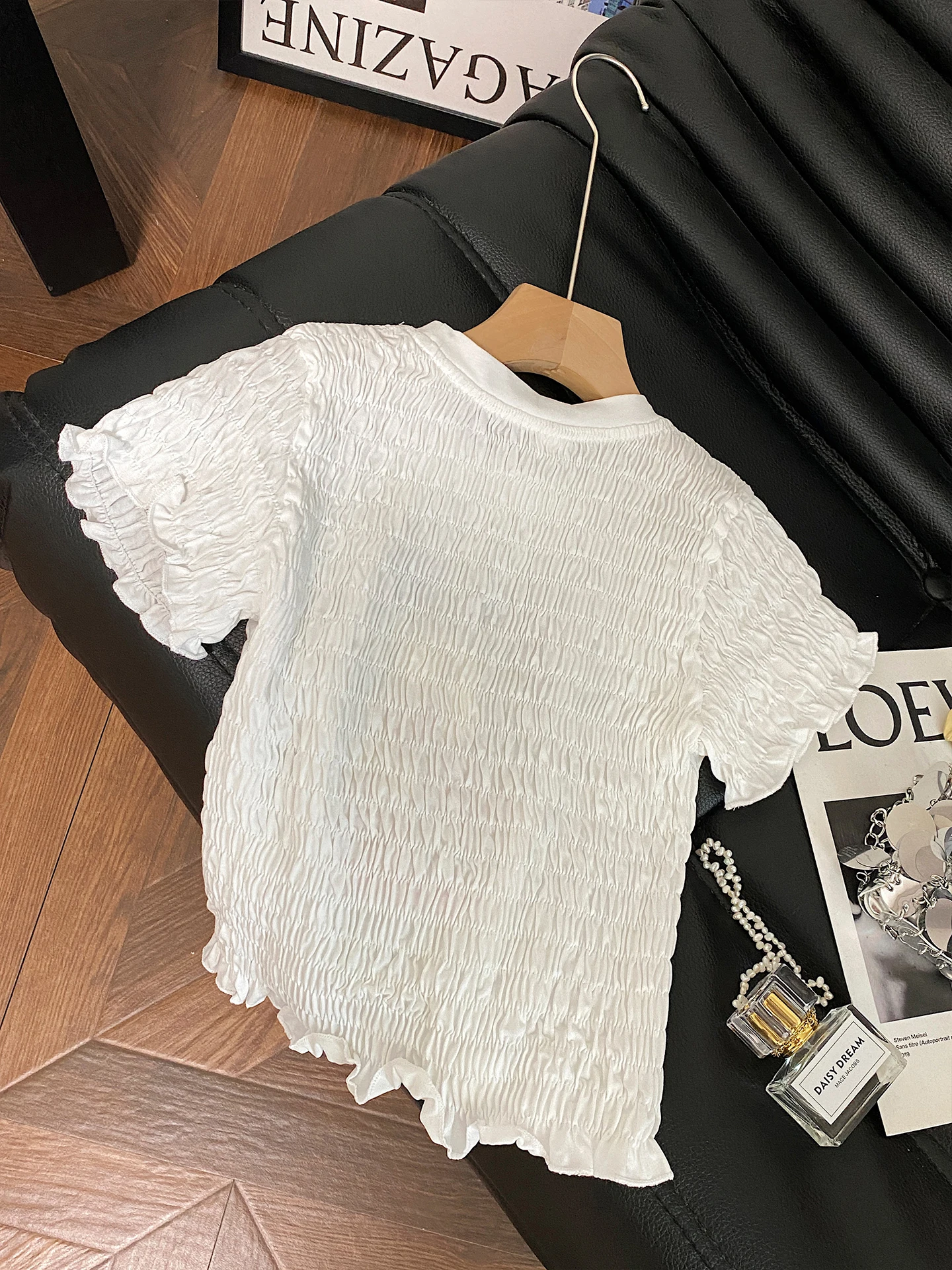 

Korean Sweet Sle Pleated Texture Print ort Sve Women's T-irt Summer New Loose Top Small Size Breathable Comfortable
