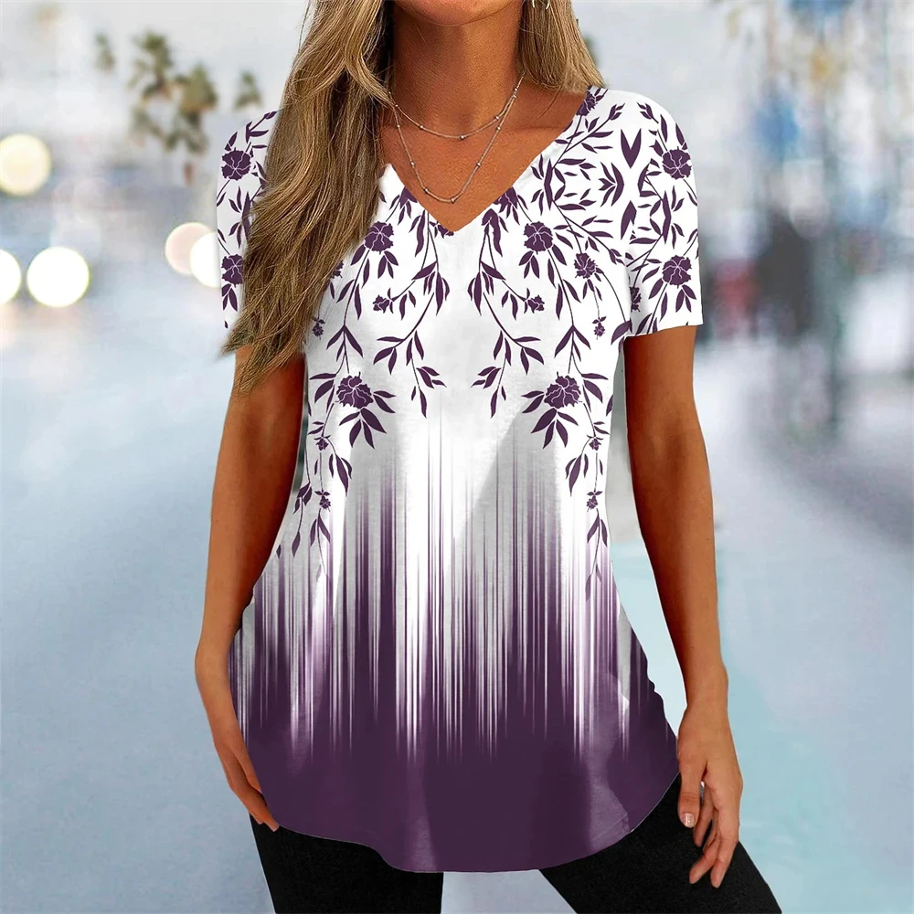 Camiseta feminina com estampa floral 3D manga curta, roupa bonita com gola V, streetwear simples, moda na moda