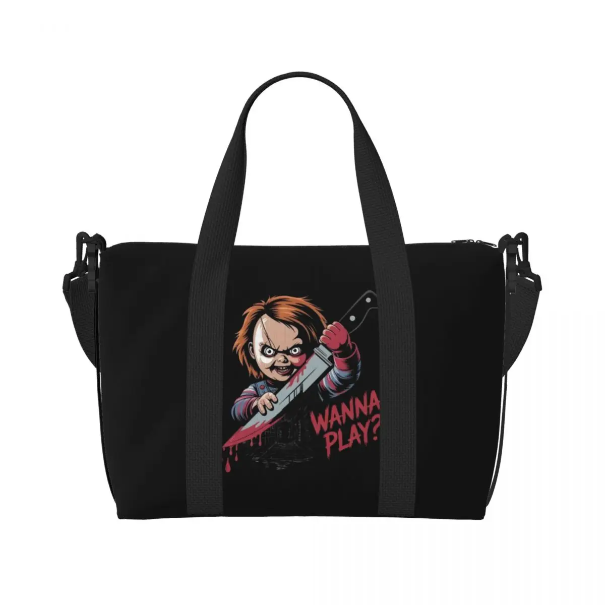 

Custom Child's Play Chucky Tote Bag for Women Big Capacity Horror Film Gym Beach Travel Bags