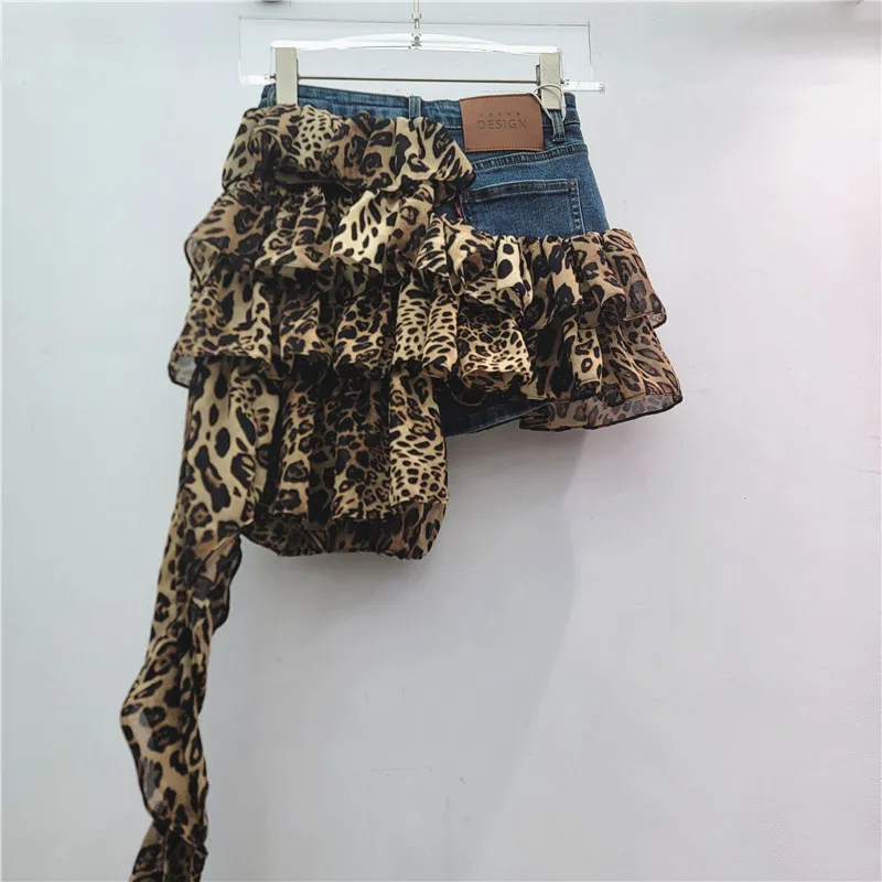 American Retro Leopard Print Skirt, Women's Summer Irregular Splicing Spice Girl Elastic Denim Cake Skirt, Short Jupe Femme