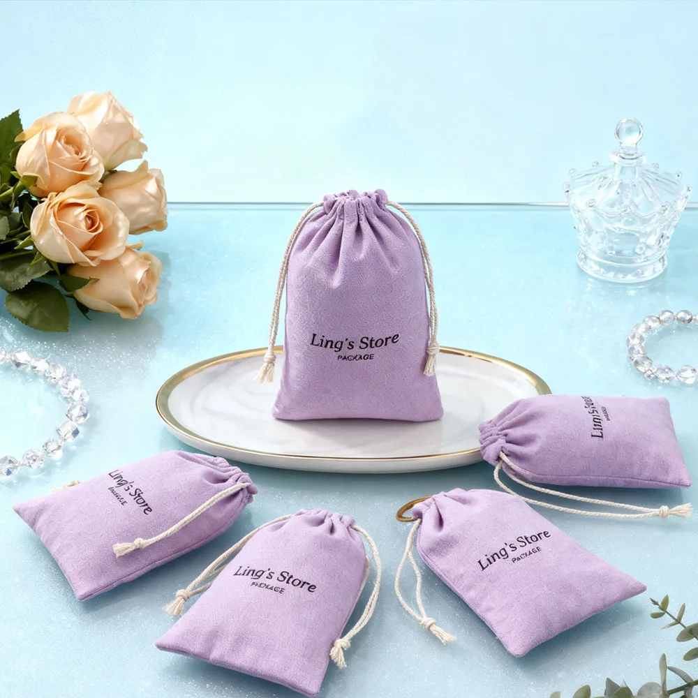 

100 шт., фиолетовая хлопковая ювелирная сумка с логотипом на шнурке, холщовая муслиновая сумка, подарок «сделай сам», духи, косметический органайзер для губной помады, карман