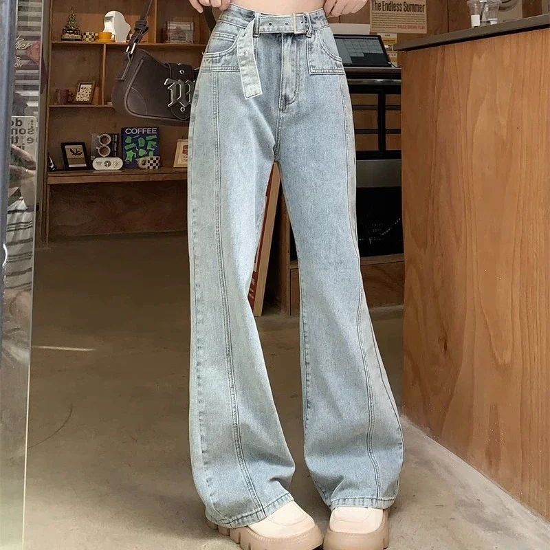 2024 Woman High Waist Y2k Baggy Flare Jeans Female Gothic Streetwear Bell Bottom Pants Girls Light Blue Designer Denim Trousers