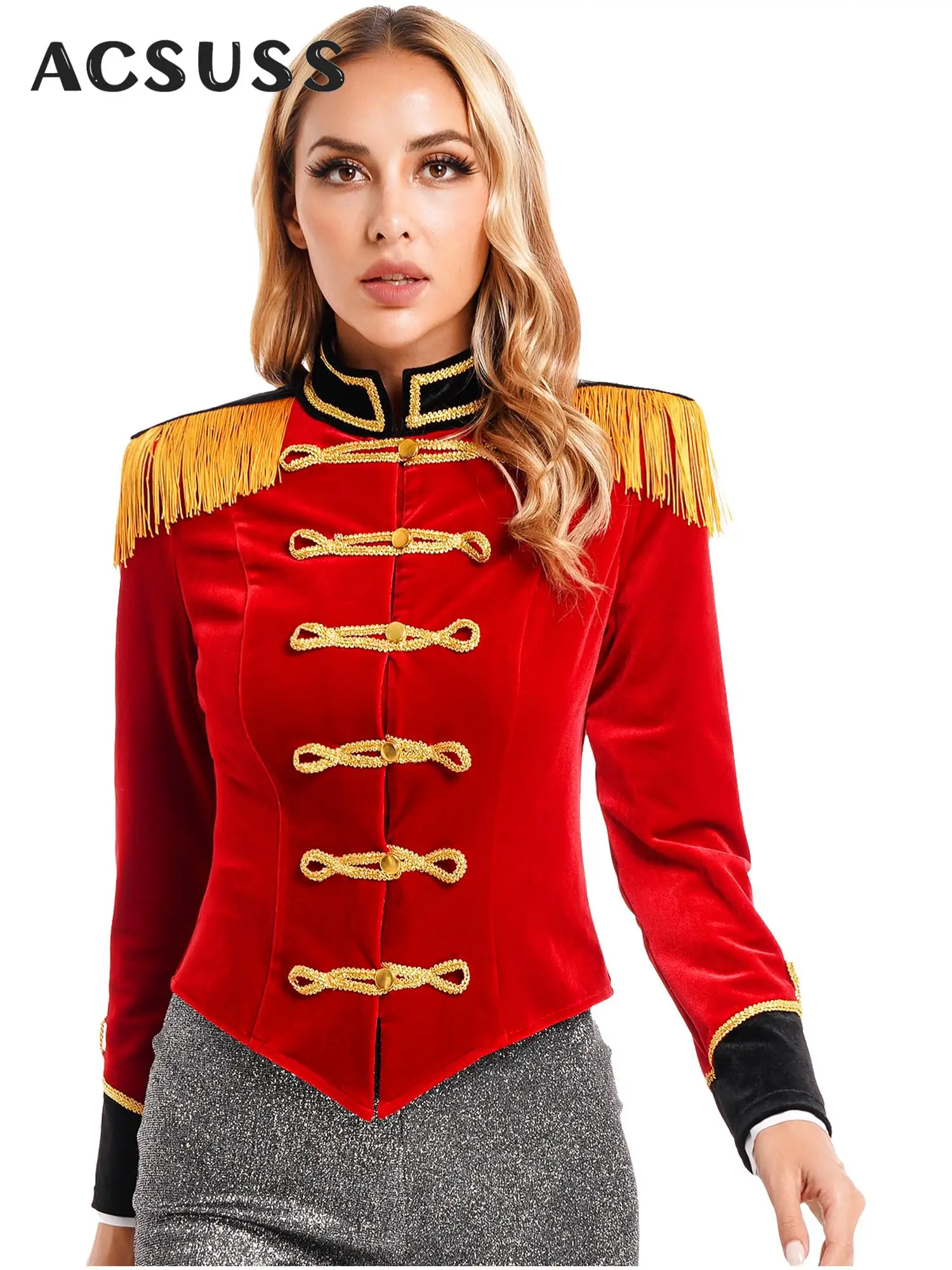 Circus Ringmaster Cosplay Party Costume Women Lion Tamer Jacket Long Sleeve Tassels Fringe Velvet Victorian Honor Guard Tailcoat