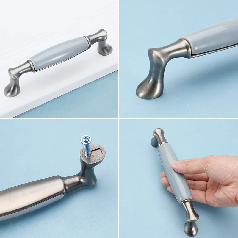 Blue-gray Ceramic Antique Kitchen Drawer Handles Vintage Handles Knobs and Pulls for Cabinets Metal Furniture Hardware