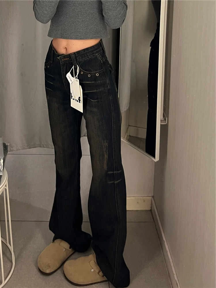 Women's Low Rise Jeans Gyaru Flared Denim Pants American Retro Skinny Jeans Korean Y2k Japanese Bell Bottom Y2k Harajuku 2000s