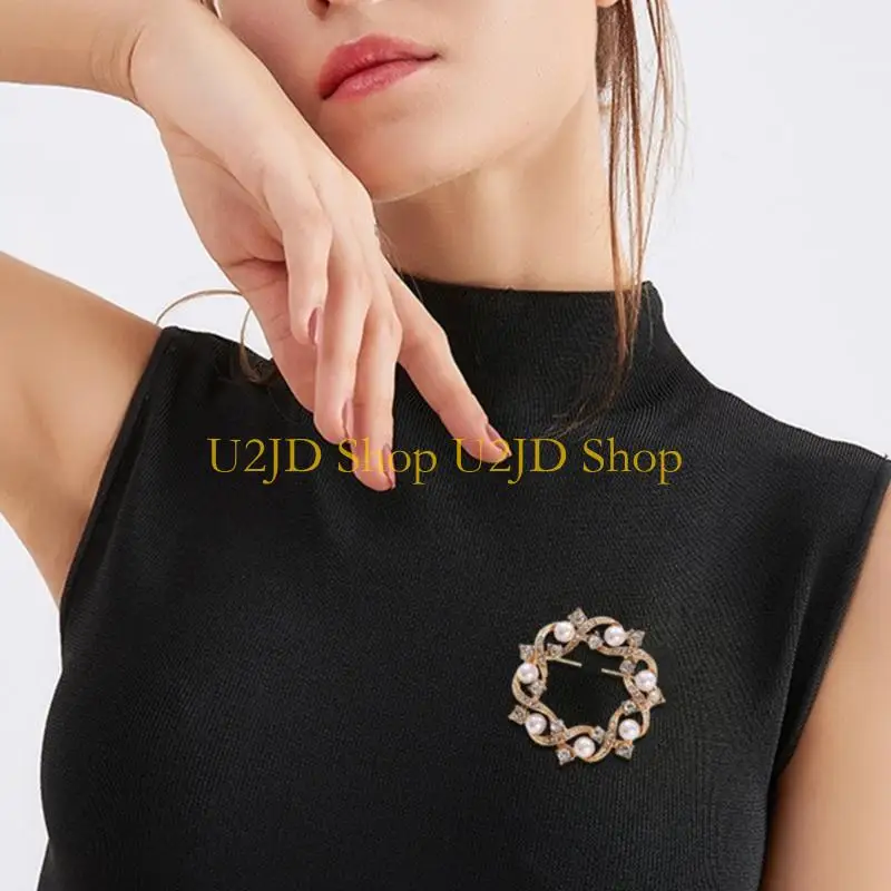 U2JD Round Pins All-Matching Brooch Pins Pearls Wreath Brooch All-Matching Collar Lapel Pins for Bag Hat Clothes Decoration