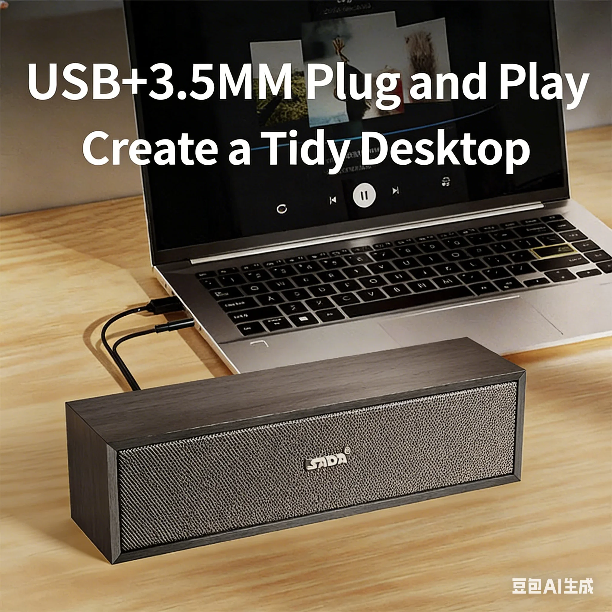 مكبر صوت للكمبيوتر يعمل بمنفذ USB مع غلاف خشبي، مكبر صوت ستيريو HiFi كامل المدى للصوت على الكمبيوتر المحمول/سطح المكتب/المكتب المنزلي