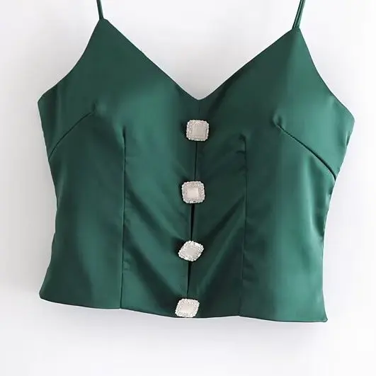 KASLEAD New Women's Fashion High-End Gem Buckle Pure Color Halter Top V-neck Short Length Polyester Fiber Outerwear