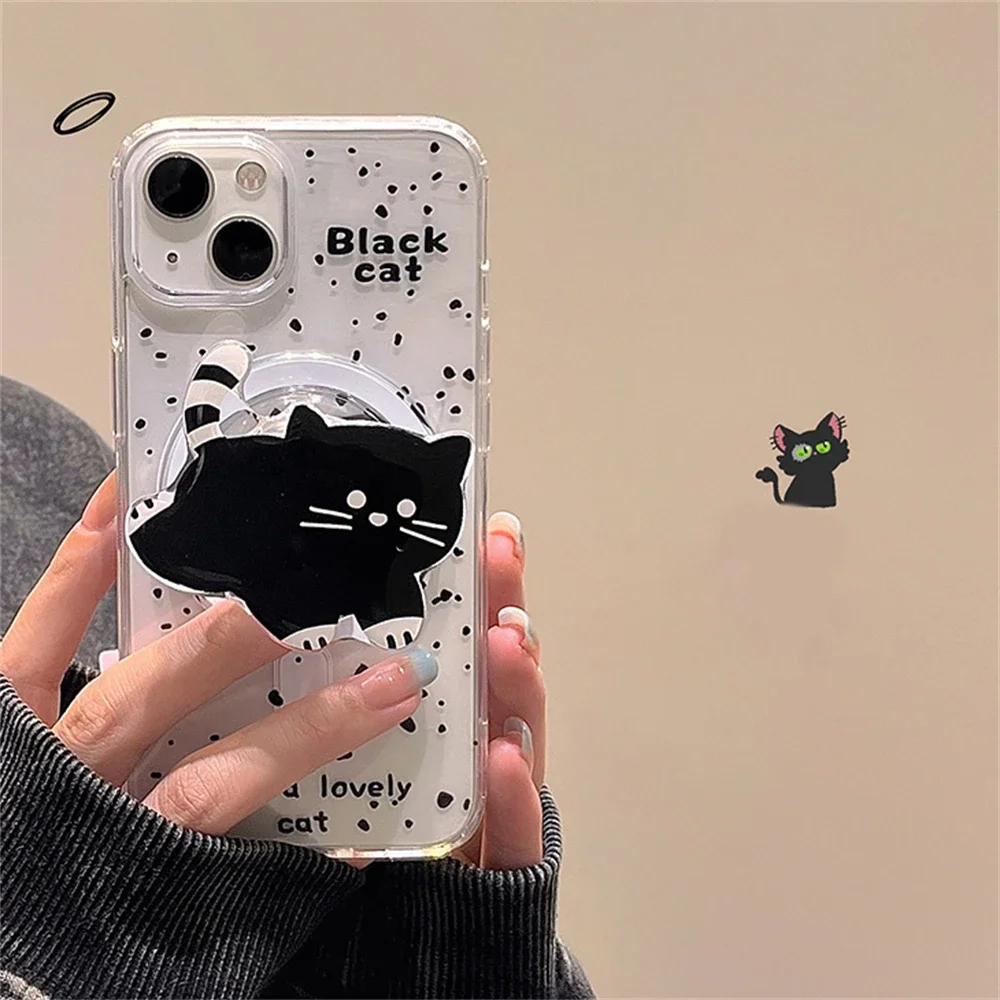 Cute 3D Black Cat Magnetic Bracket Splashing Ink Clear Case For iPhone 15 14 13 12 Pro Max 11 Grip Shockproof Soft Cover