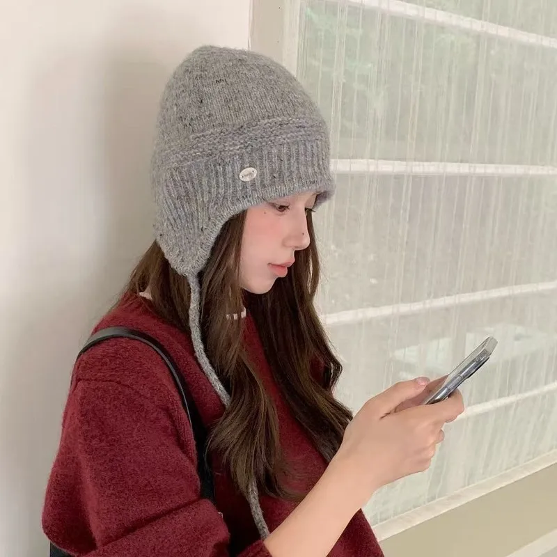 Women's Knit Beanie Windproof Warm Face Slimming Cold Weather Fashion Cap Braid Ear Flap Autumn Winter Hats