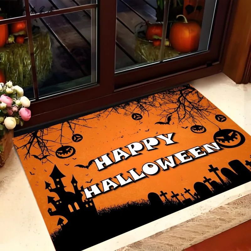 Halloween Themed Door Mat Featuring Pumpkin Skeleton Bat Ghost Patterns Soft Decorative Entry Rug For Spooky Season Decorations