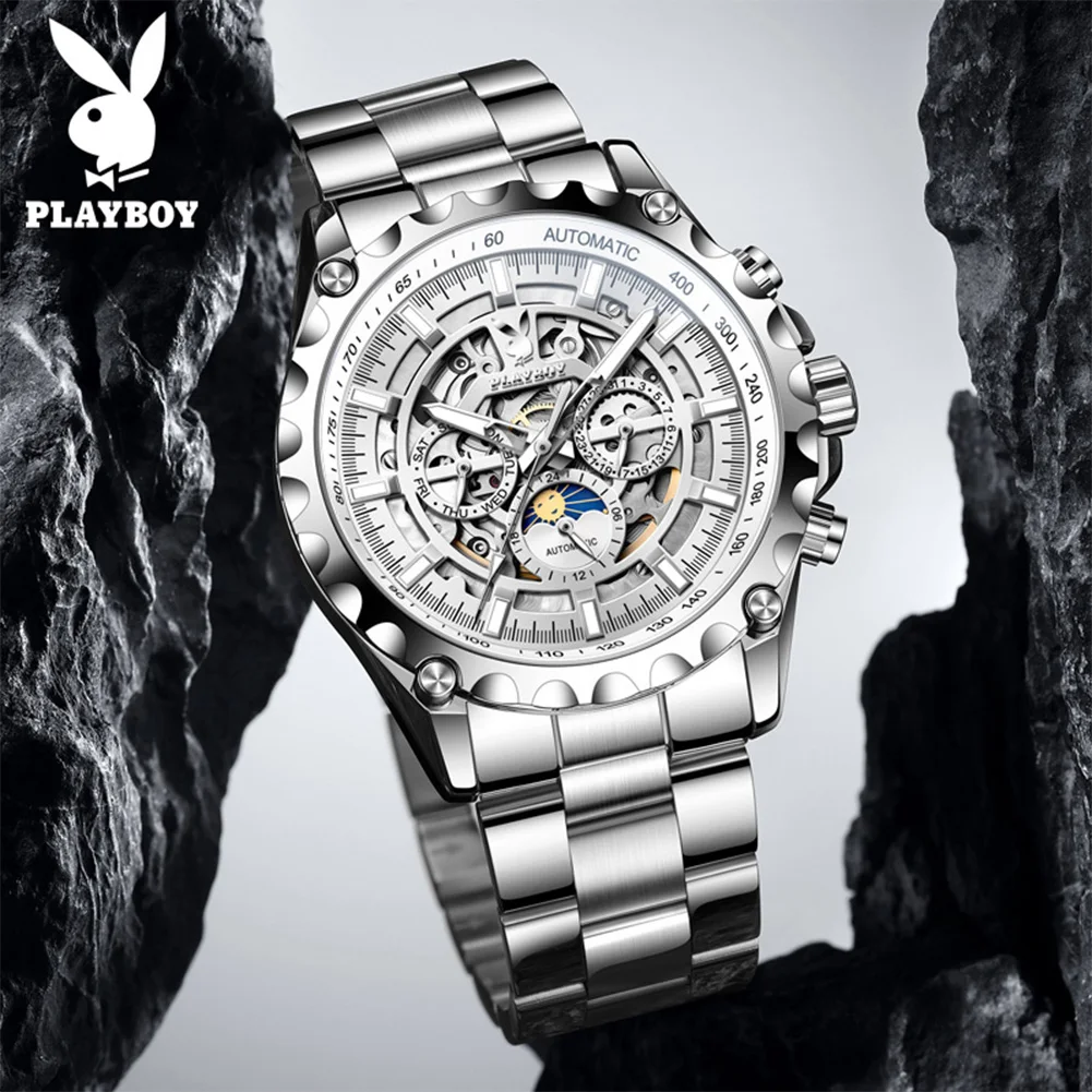PLAYBOY Men Skeleton Automatic Mechanical Watch Moon Phase Week Date Waterproof Stainless Steel Luxury Wristwatch for Man