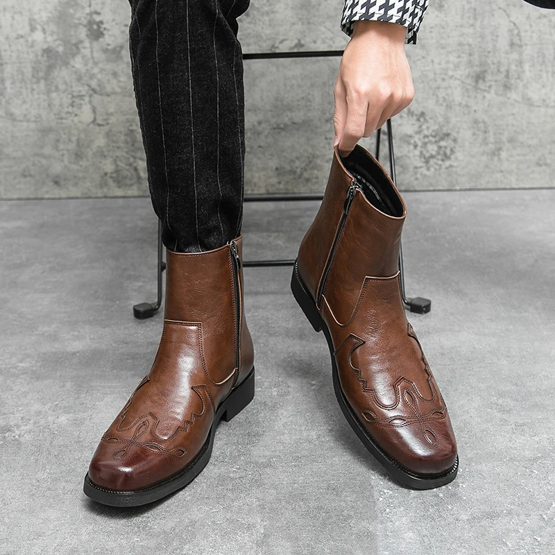 Autumn New Men Comfortable Western Style Denim Boots Fashion Brand Round Head Embroidered Side Zipper Casual Knight Leather Boot