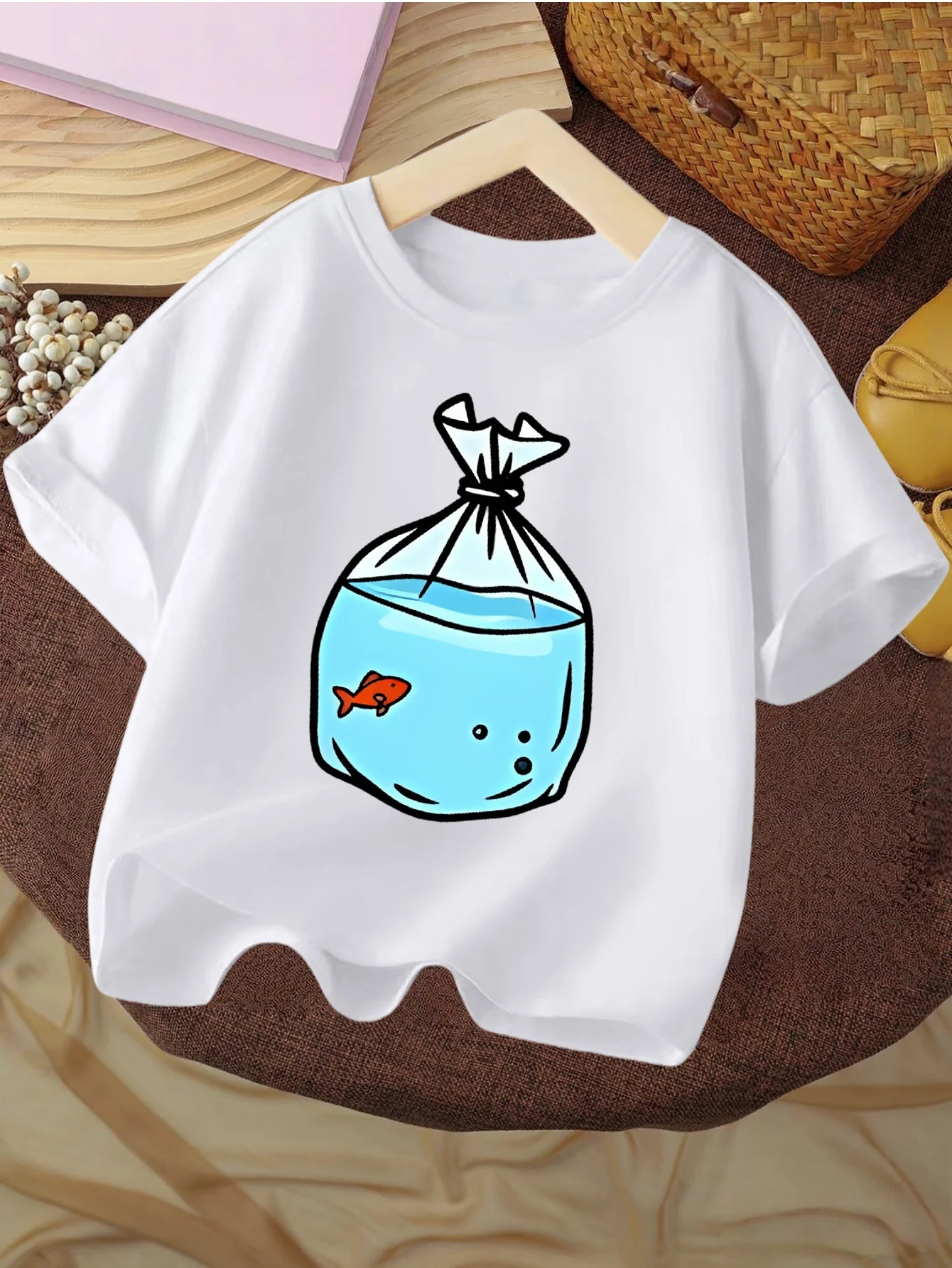 Cute Goldfish In Plastic Bag Cartoons Fish Graphic Print T Shirt Family Matching Boys Girls Kids Short Sleeve Daily Tees