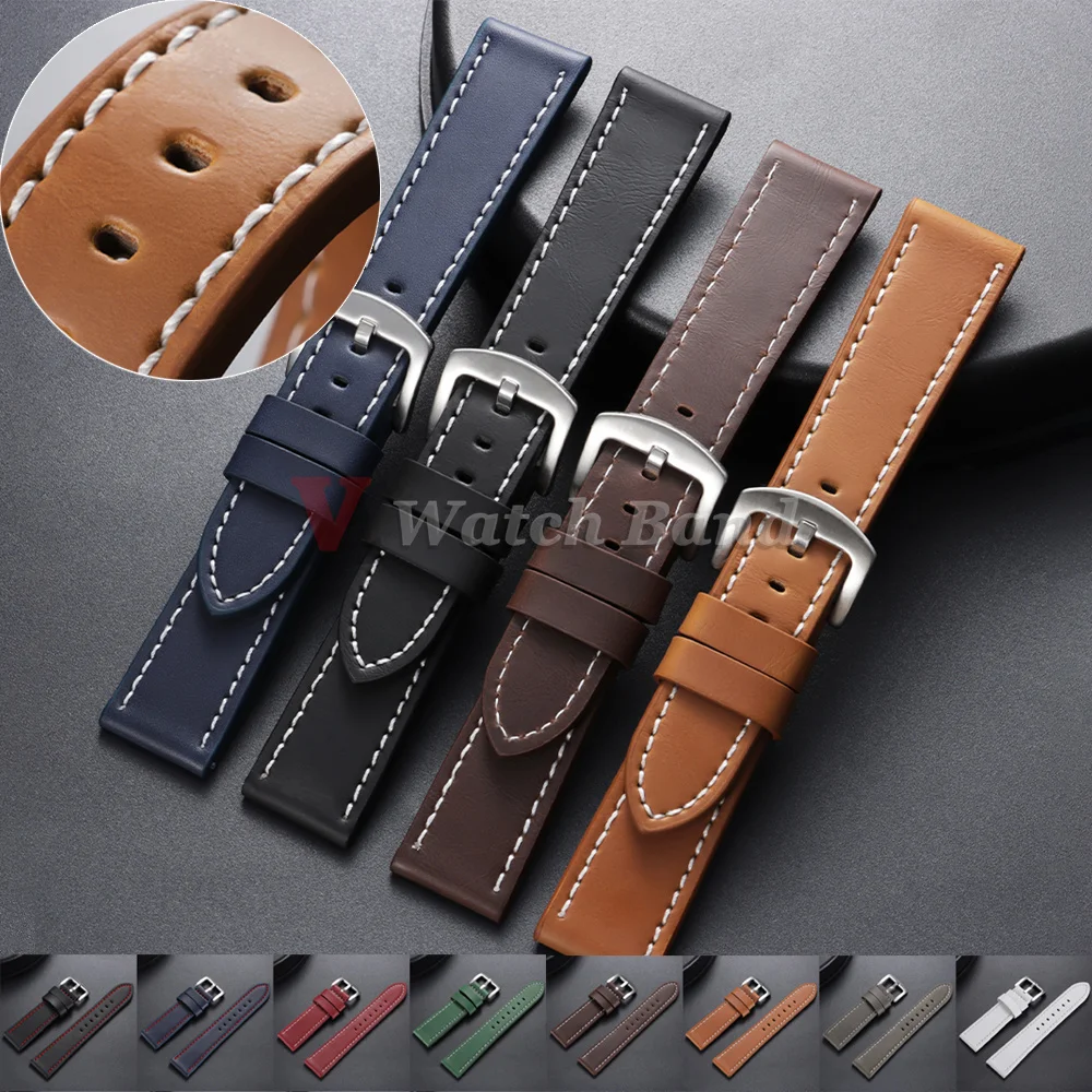 New Red Blue Brown Leather Watch Strap 18mm 20mm 22mm 24mm for Omega for Rolex for Seiko Watch Band Men Women Wristbelt Bracelet