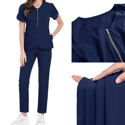 Imagen 1 del producto Conjunto de pantalones de manga corta para mujer, novedad de verano 2025, Tops con cremallera y cuello redondo, pantalón recto con cordón, conjuntos de 2 piezas para trabajo en salón de Spa para mujer
