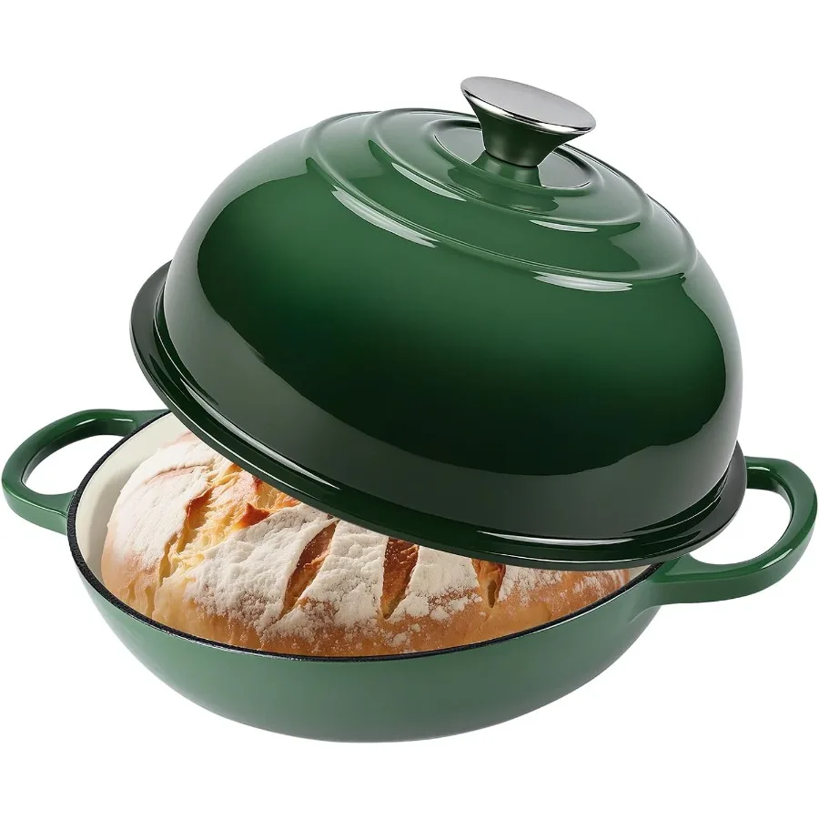 

Эмалированный чугунный голландский горшок с крышкой для выпечки хлеба Идеально подходит для печи для хлеба на закваске, безопасный для до 500F, 6-литровый круглый хлеб