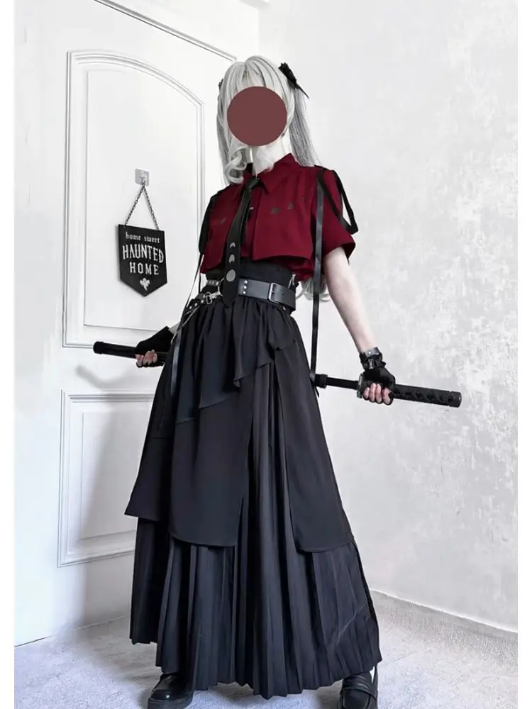 2025 جديد القوطية خمر أنيقة 3 قطعة مجموعات النساء Y2k زر تصميم القمم + أسود عالية الخصر الرجعية تنورة الإناث حزام مجموعات الحفلات