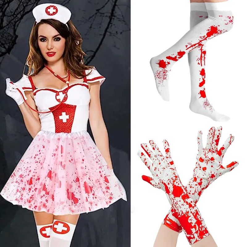

2026 New Quality Halloween Horror Blood Stained Stockings, Long Gloves, Apron Set, Vampire Nurse Costume, Party Accessories