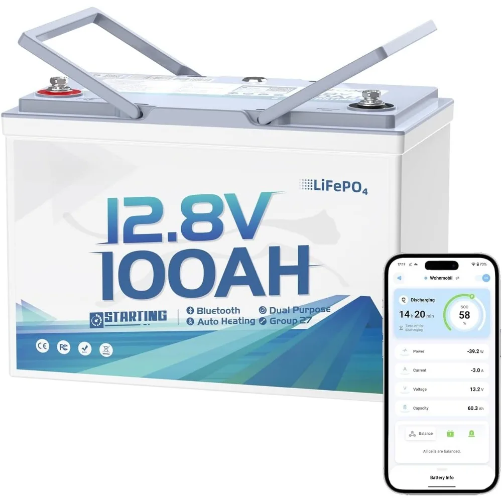 

12V 100Ah Bluetooth Dual-Purpose 900CCA Group27 Marine Battery, Starting Battery with Heating & Smart Power Retention