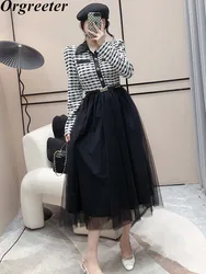 Autumn Women Mid-length Elegant Tweed Mesh Patchwork Fake Two Dress Temperament Plaid Shirt Collar Belt Long Dress Robes